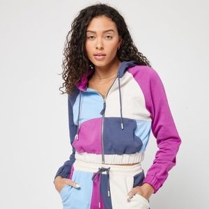 L*Space Colorblock Cropped "Don't Sweat It"  Zip Up Hoodie Jacket, Size XS